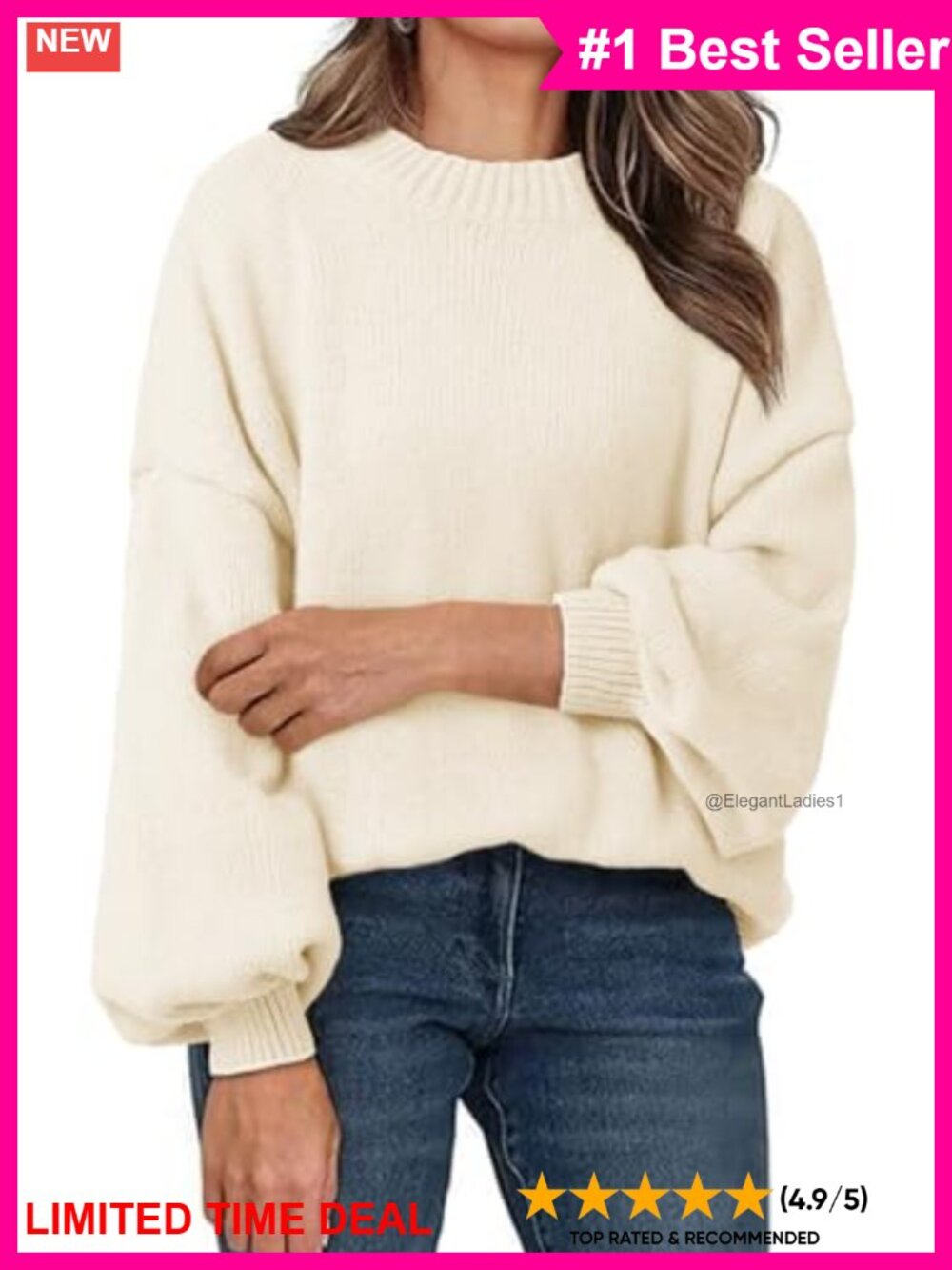 Oversized Chunky Knit Mock Neck Lantern Sleeve Pullover Sweater